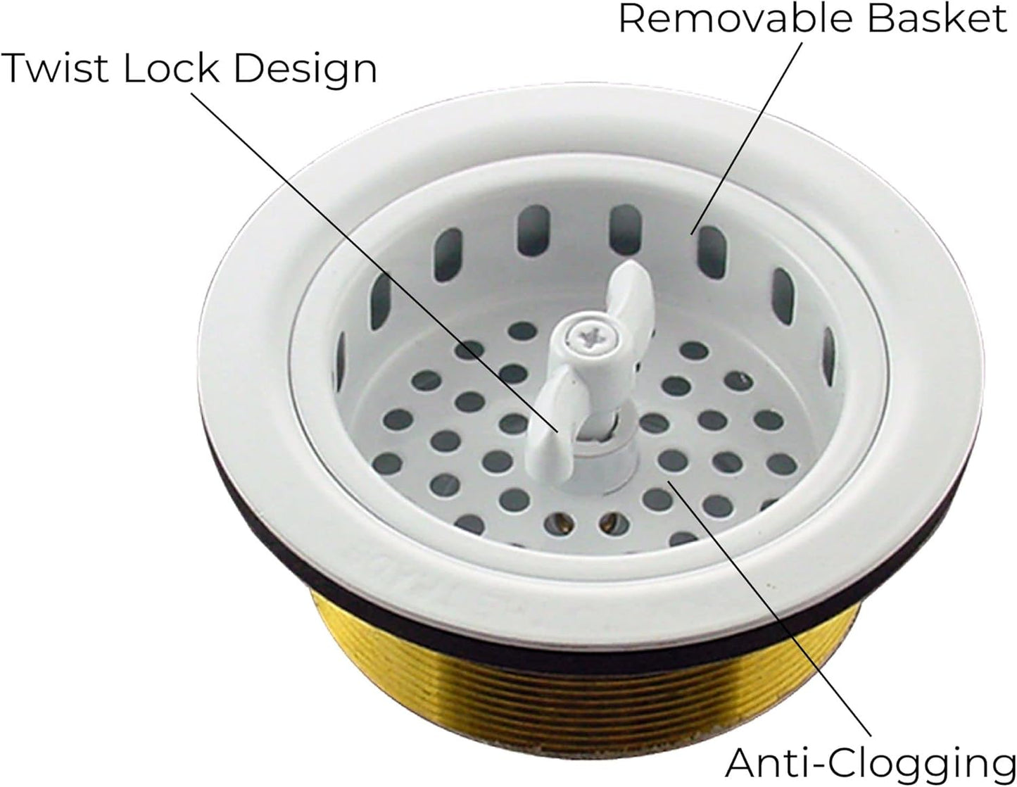 Mr. Scrappy 3.5" Sink Drain Assembly with Twist Lock Basket Strainer, Solid Brass, White