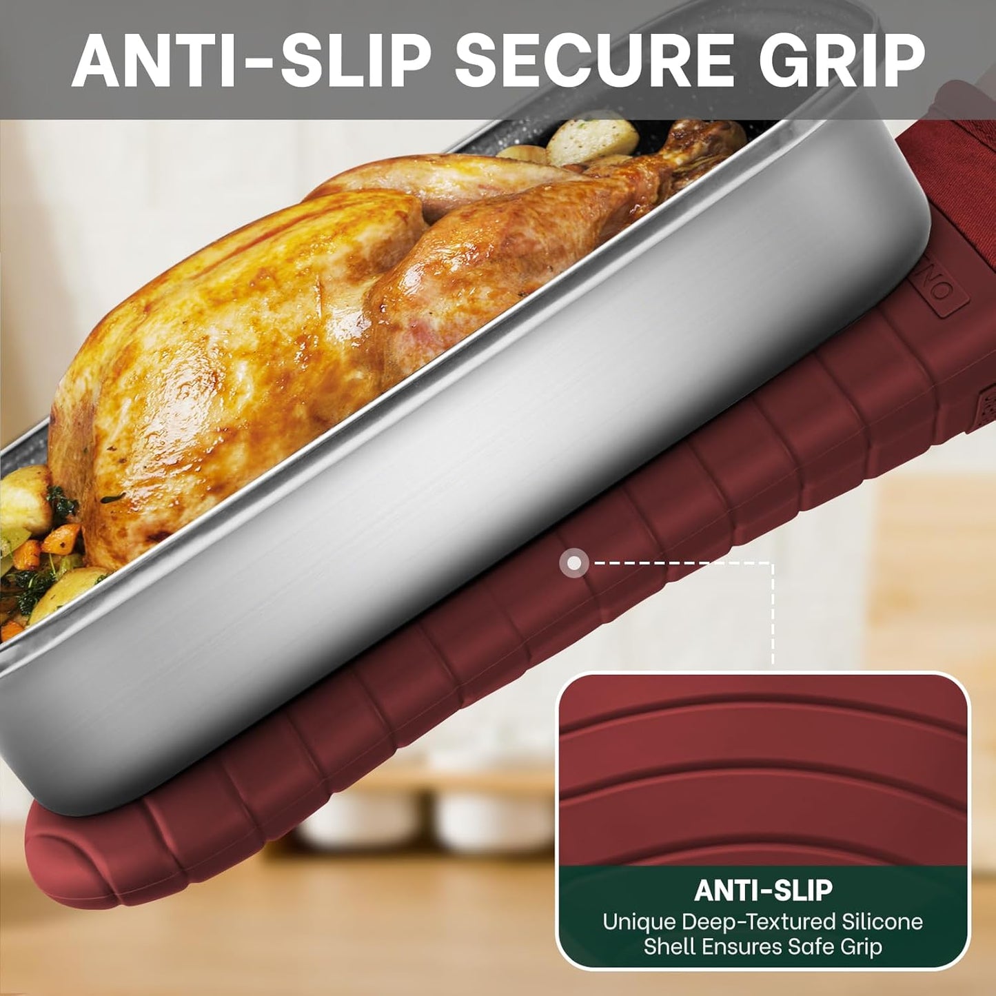 Beneno BPA-Free Silicone Oven Mitts, Heat Resistant Waterproof Oven Mitts with Non-Slip Textured Grip, Comfortable Quilted Lining, Kitchen Pot Holders for Cooking, Baking, Grilling, 7"x13", 2Pcs Red