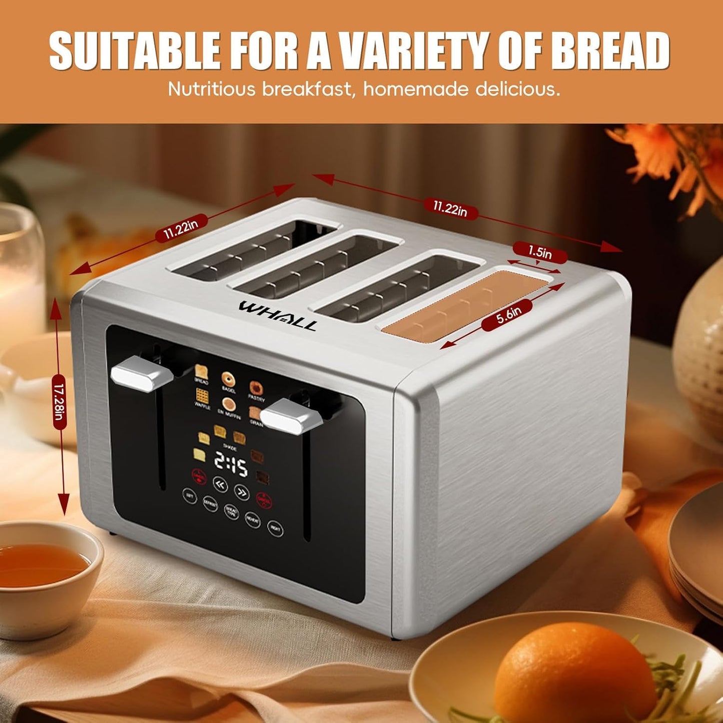 whall 4 Slice Touch Screen Toaster, Stainless Steel Toasters Digital Timer, Dual Control Panel Toasters，6 Shade Settings＆6 Bread Types, Smart Wide Slots, Bagel, Cancel, Defrost,White