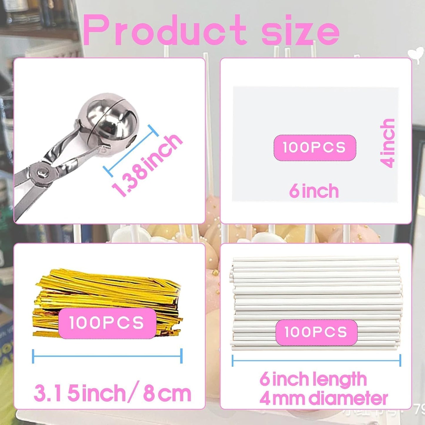 Cake Pop Kit, 100 6 inch Cake Pop Sticks, 100 Cake Pop Bags, 100 Twist Ties, 1 Cake Pop Mold Roller, Cake Pop Maker for Cake pops, Lollipop, Candies, Chocolates and Cookies (Pink)