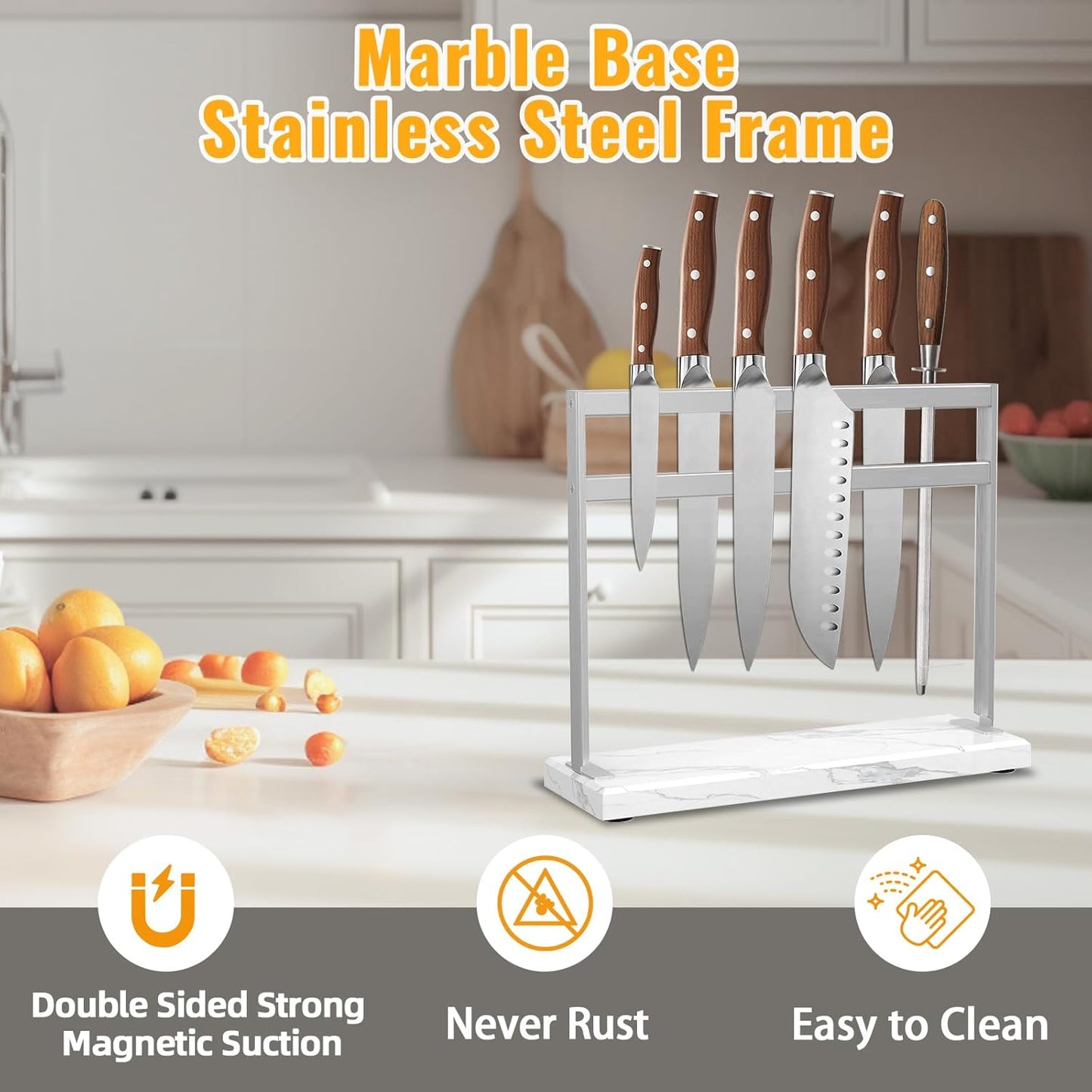 Magnetic Knife Stand Block with Marble Base, Double-sided Stainless Steel Magnets for Countertop, Magnetic Knife Holder for Kitchen Storage, 12 IN, White