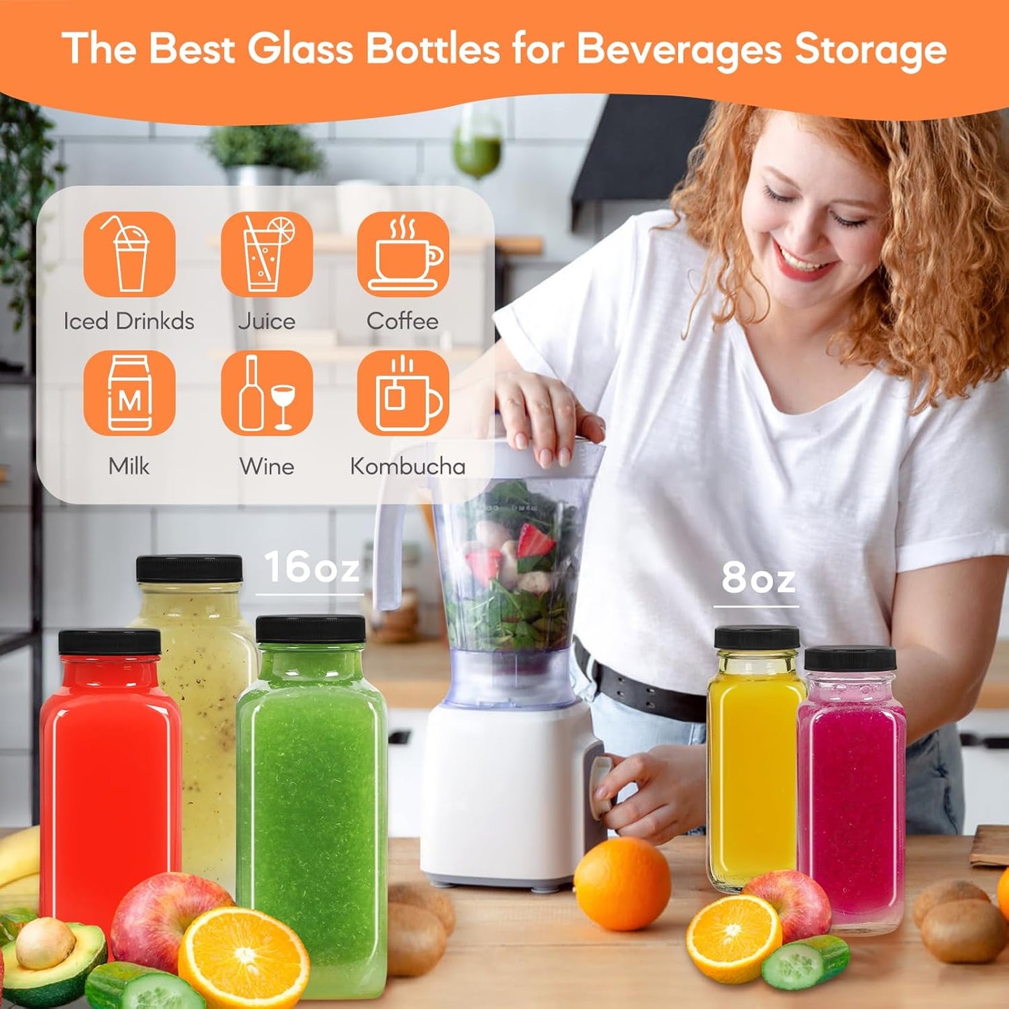STARSIDE 16 oz Glass Juice Bottles with Lids 6 Pack - Square Reusable Drinking Jars for Juicing, Milk, Kombucha - Includes 1 Bottle Brush, 6 Colored Labels
