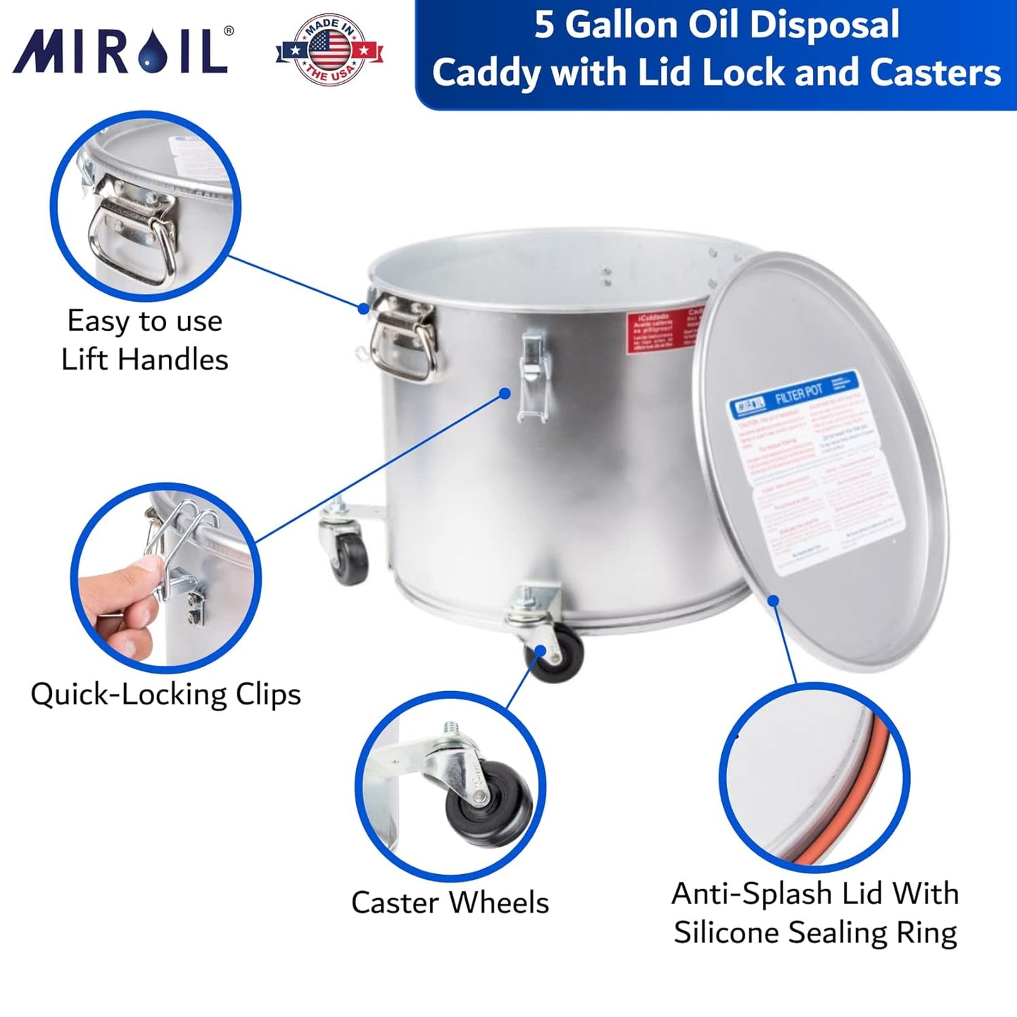 MirOil 7 Gallon Oil Disposal Caddy with Caster Wheels, USA Made Deep Fryer Grease Bucket Pot with Lid Lock & Lock Clip, 35Lb. Frying Oil Disposal Storage Container, Filtering Hot Cooking Grease - 40LC