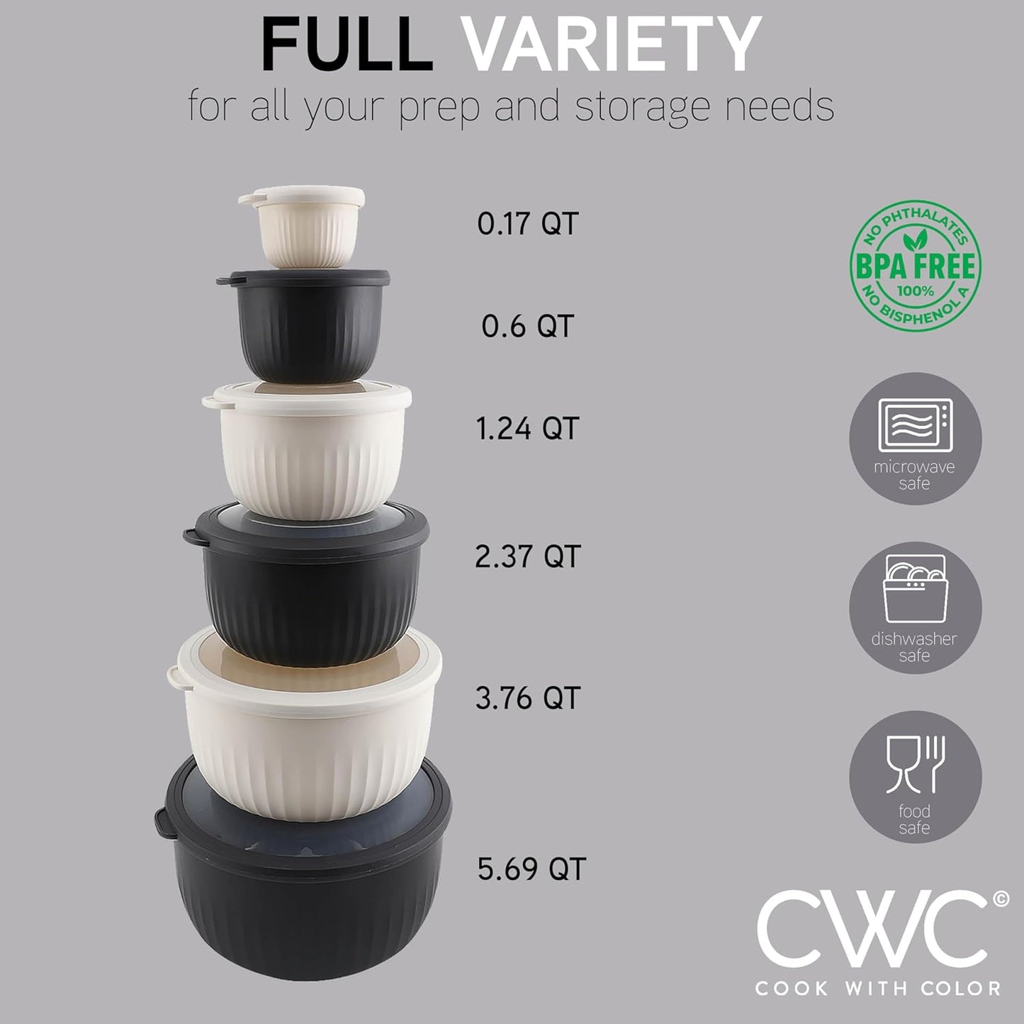 COOK WITH COLOR Prep Bowls with Lids- Wide and Deep Nesting Plastic Small Mixing Bowl Set with Lids, 12 Piece Set - Deep Bowls, Speckled Black