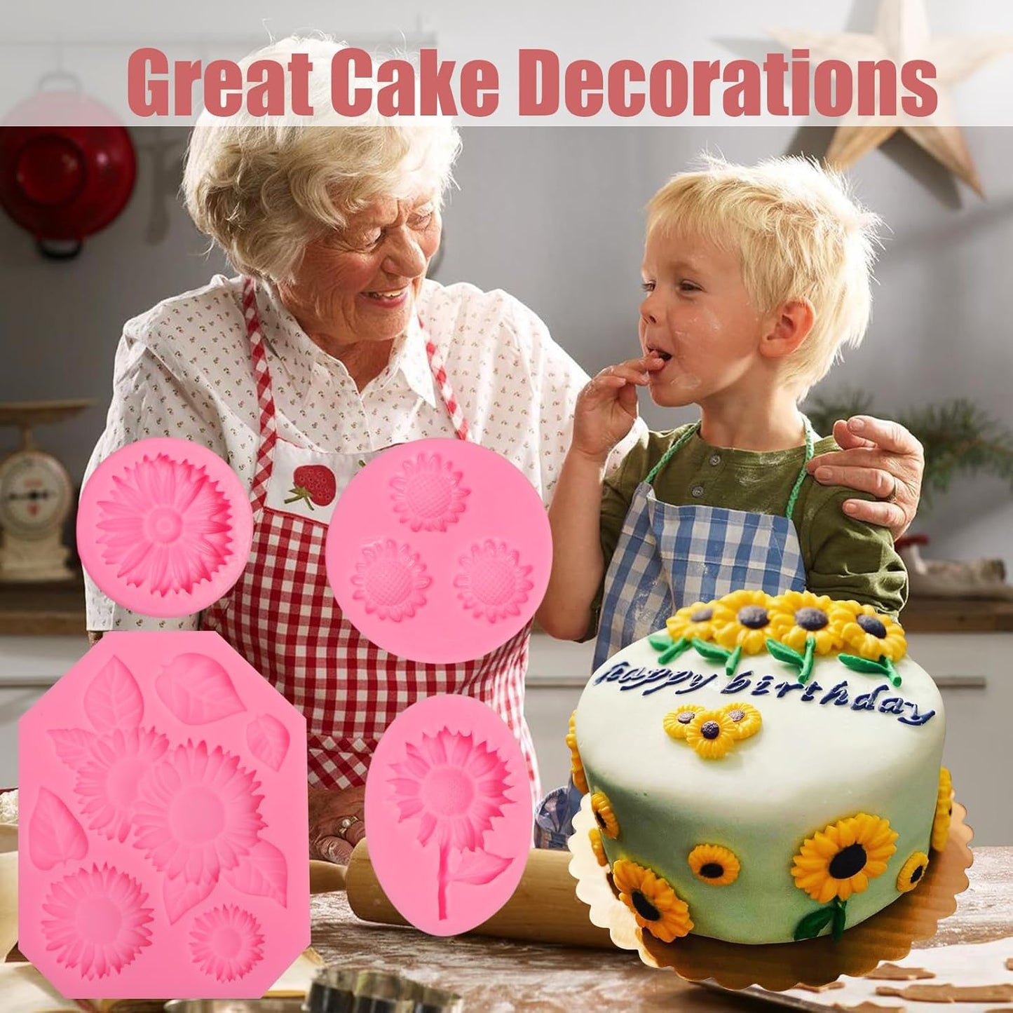 Sunflower Mold Silicone 4 Pcs, Daisy Flower Molds Chrysanthemum Flower Leaves Mold for Decoration Candy Sugar Cupcake Topper Cake Pop Popsicle Polymer Clay Crafts