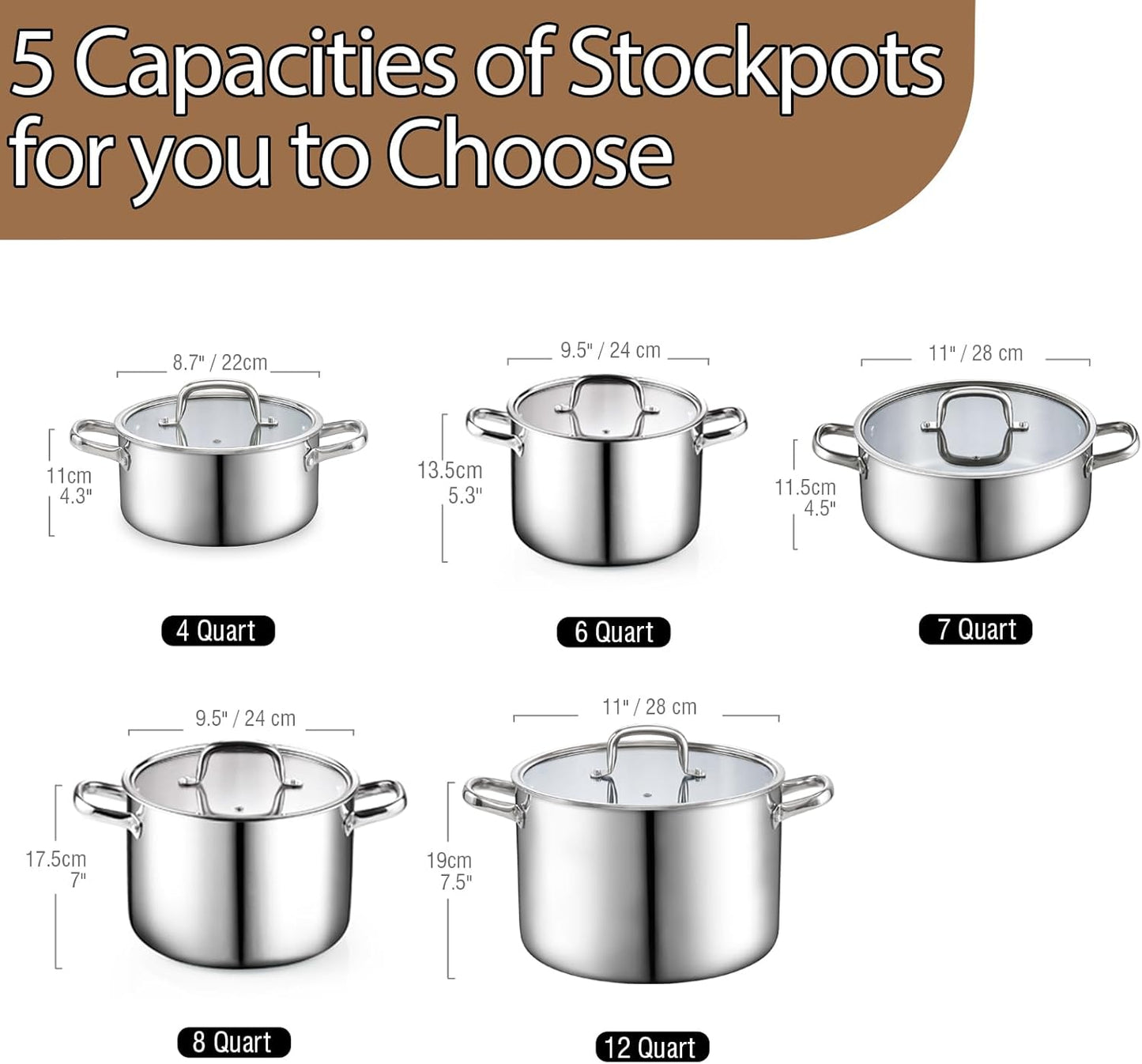 Cook N Home Stainless Steel Stockpot with Lid 12 Quart, Tri-Ply Clad Large Capacity Soup Pot, Induction Cooking pot, Silver