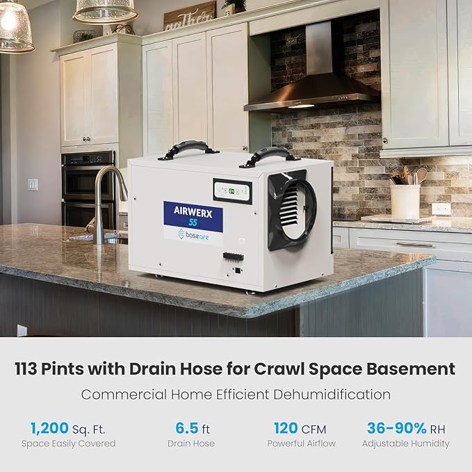BaseAire Crawlspace Dehumidifier,113 Pints Commercial Dehumidifiers with Drain Hose for Whole House Basement, Industry, Compact, Auto Defrost, Memory Starting, Up to 1200 Sq Ft