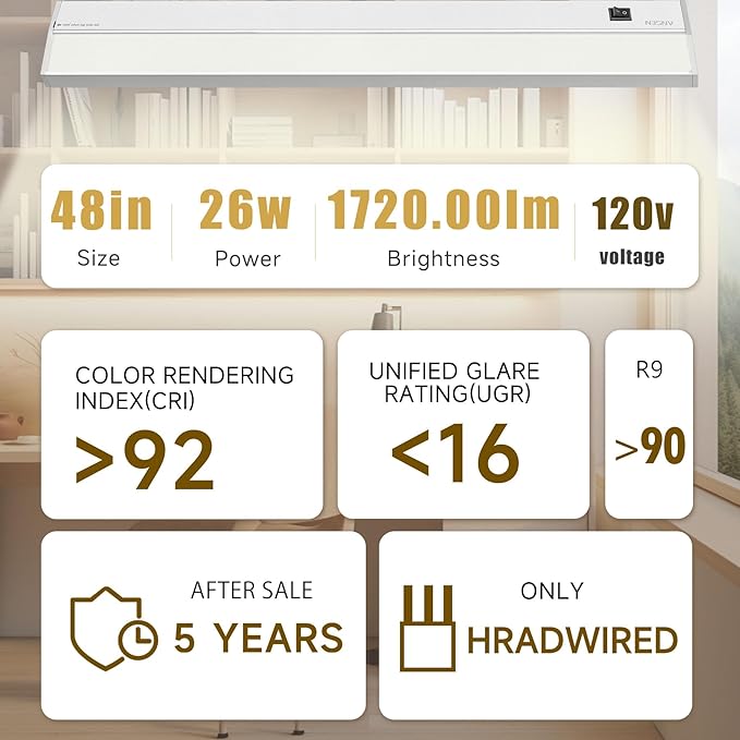 Ansen Hardwired Under Cabinet Lighting, 48in 26W LED Light for Kitchen/Closet, 1720lm, CRI>92, R9>90, Dimmable, 3 Color Temperature, 3000K/4000K/5000K(Warm White, Cool White, Daylight)