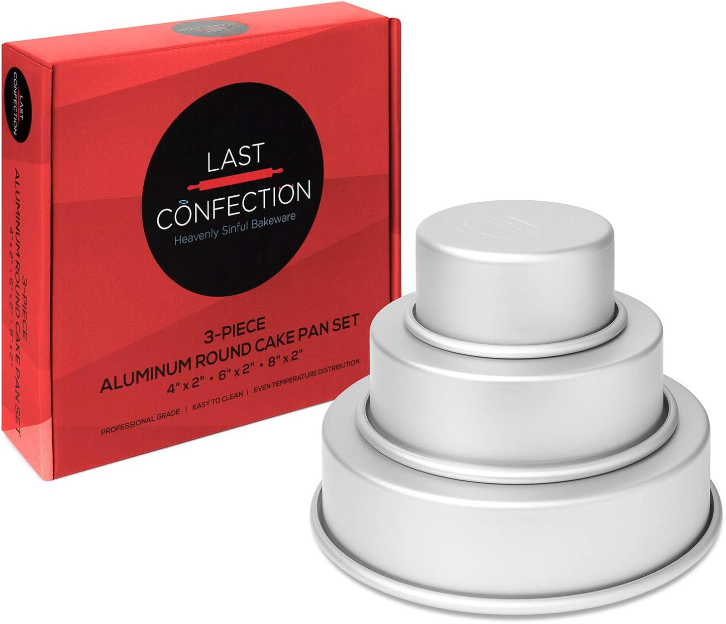 LAST CONFECTION 3-Piece Round Cake Pan Set - Includes 4", 6" and 8" Aluminum Pans 2" Deep