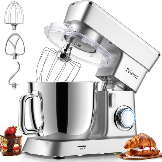 Stand Mixer, 6QT 10+P Speed Tilt-Head Kitchen Electric Mixer, Food Mixer with Stainless Steel Bowl, Dough Hook, Flat Beater, Wire Whisk, Splash Guard for Daily Use - Silver