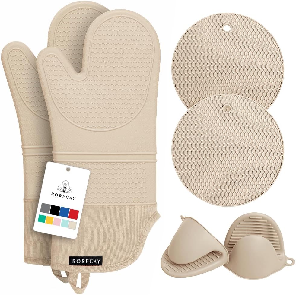 Rorecay Oven Mitts and Pot Holders Sets 6pcs, Extra Long Kitchen Silicone Oven Gloves High Heat Resistant 500 Degrees Non-Slip Potholders Hot Pads for Baking Cooking, Milkshake