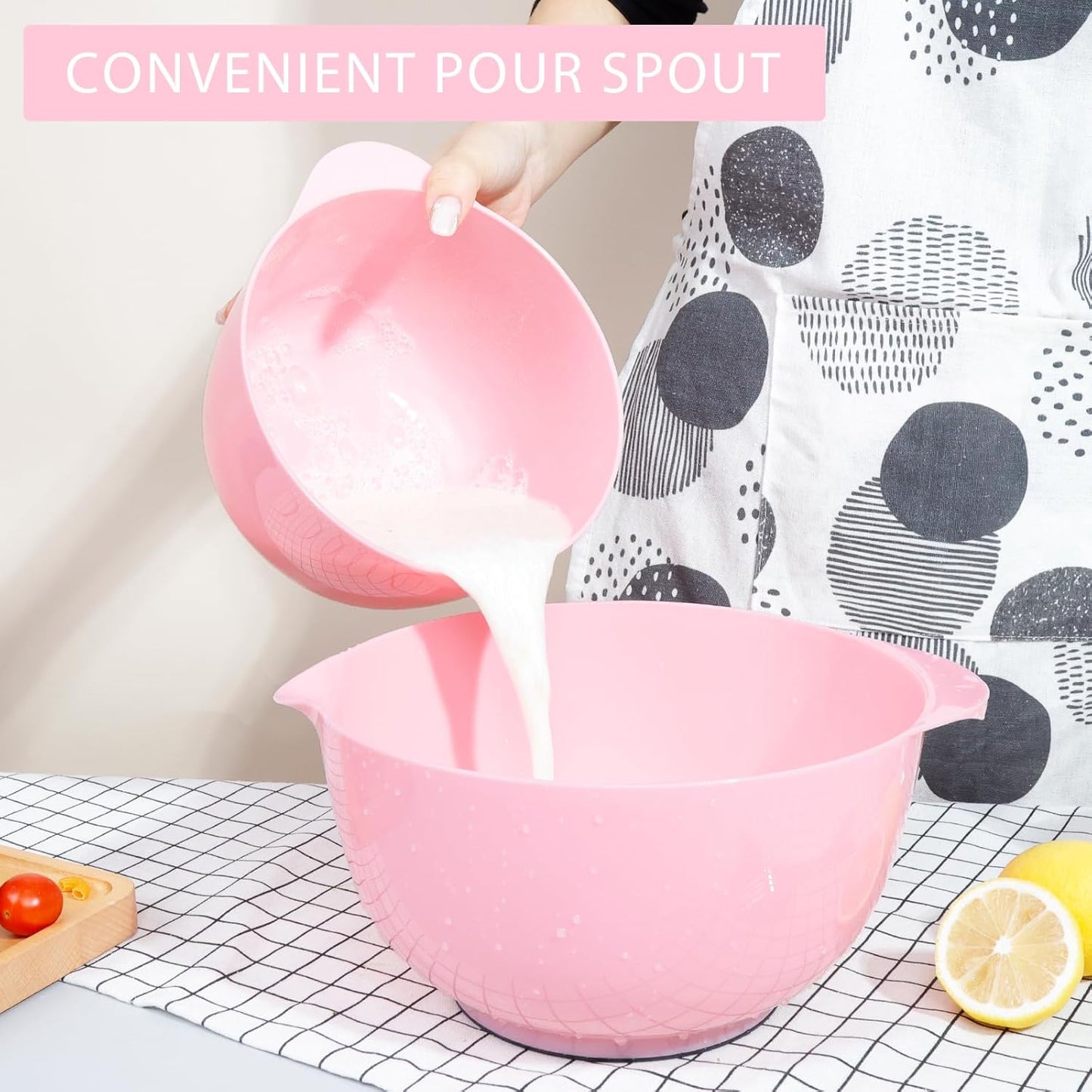 BoxedHome 4 Quart Large Plastic Mixing Bowls, Microwave Safe Mixing Bowl Set with Pour Spout, Nesting Bowls for Space Saving Storage(Fading Rose)