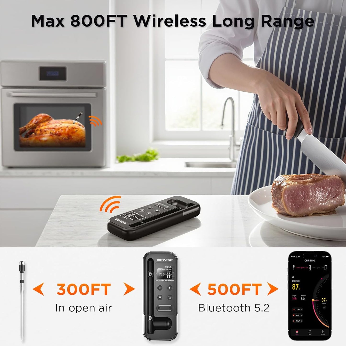 Bluetooth Meat Thermometer with Smart APP, 800FT Wireless Range & LCD Base, Rechargeable Probe, Digital Food Thermometer for BBQ, Grill, Chefs, Air Fryer, Gifts for Men Dad