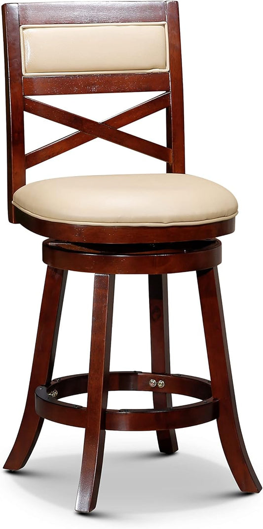 DTY Indoor Living Meeker 24 Inch Counter Height Bar Stools with Backs - Wooden Swivel Counter Stools for Kitchen Island - Bone Leather Seat, Solid Wood Frame, Cherry Finish