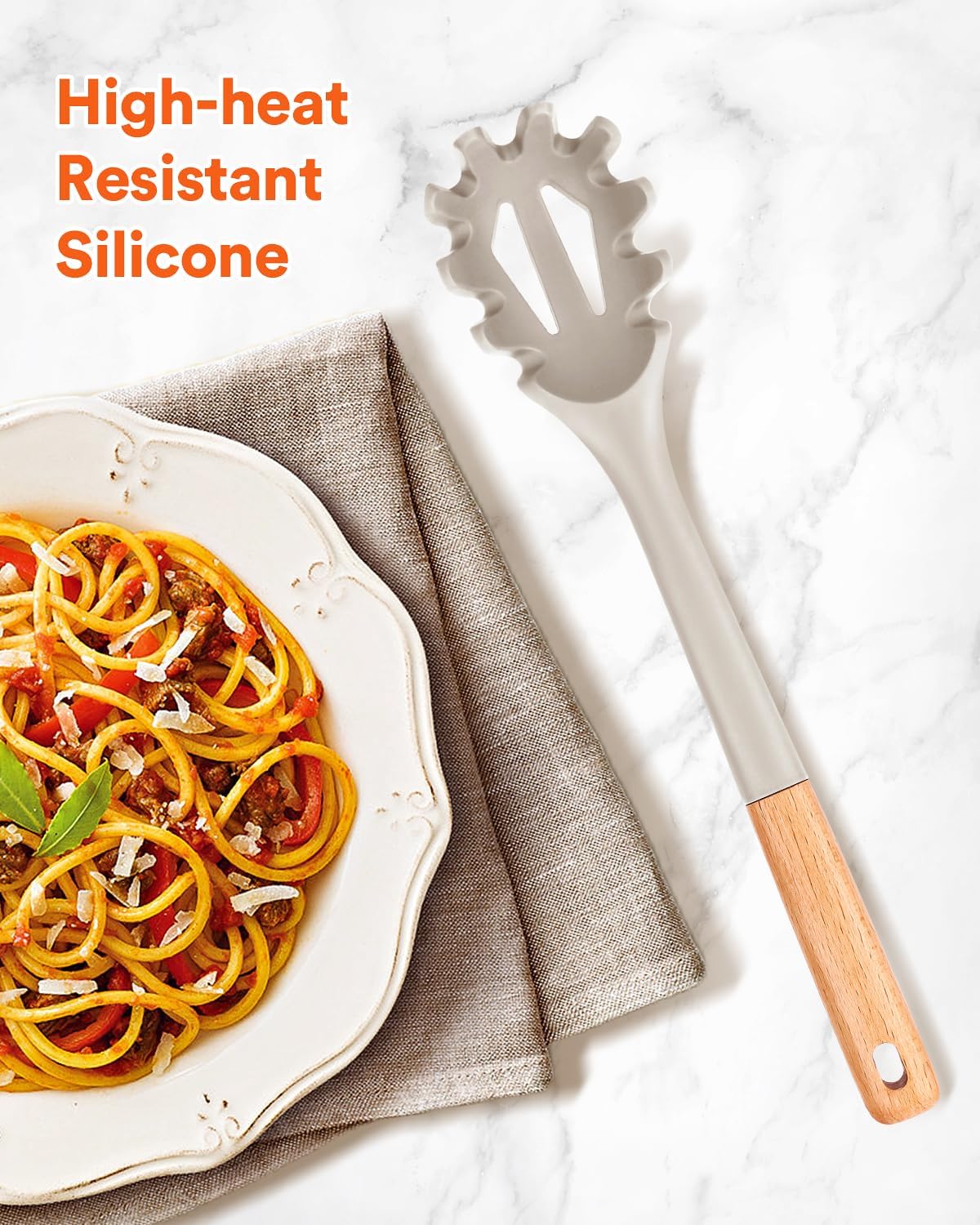 Silicone Pasta Fork, Kitchen Heat Resistant Noodle Spoon Server, BPA Free Spaghetti Strainer,12.8 inch (Khaki)