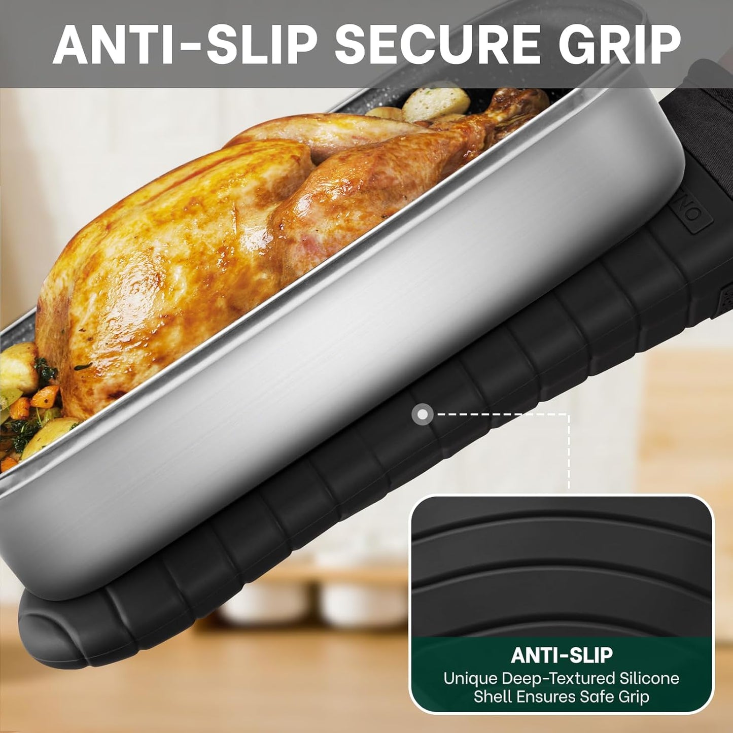 Beneno BPA-Free Silicone Oven Mitts, Heat Resistant Waterproof Oven Mitts with Non-Slip Textured Grip, Comfortable Quilted Lining, Kitchen Pot Holders for Cooking, Baking, Grilling, 7"x13", 2Pcs Black