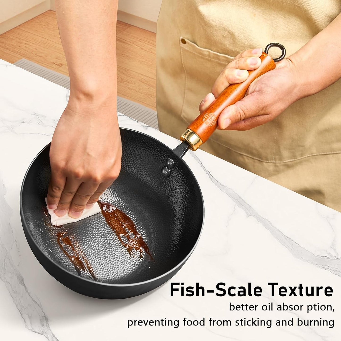 WANGYUANJI Iron Wok 8.7 Inch Deep Frying Skillet with Wooden Lid – Versatile Flat Bottom Stir-Fry Pan, Chemical-Free & Induction Compatible, Ideal Wrought Iron Small Wok for Home, Chef & Pro Use