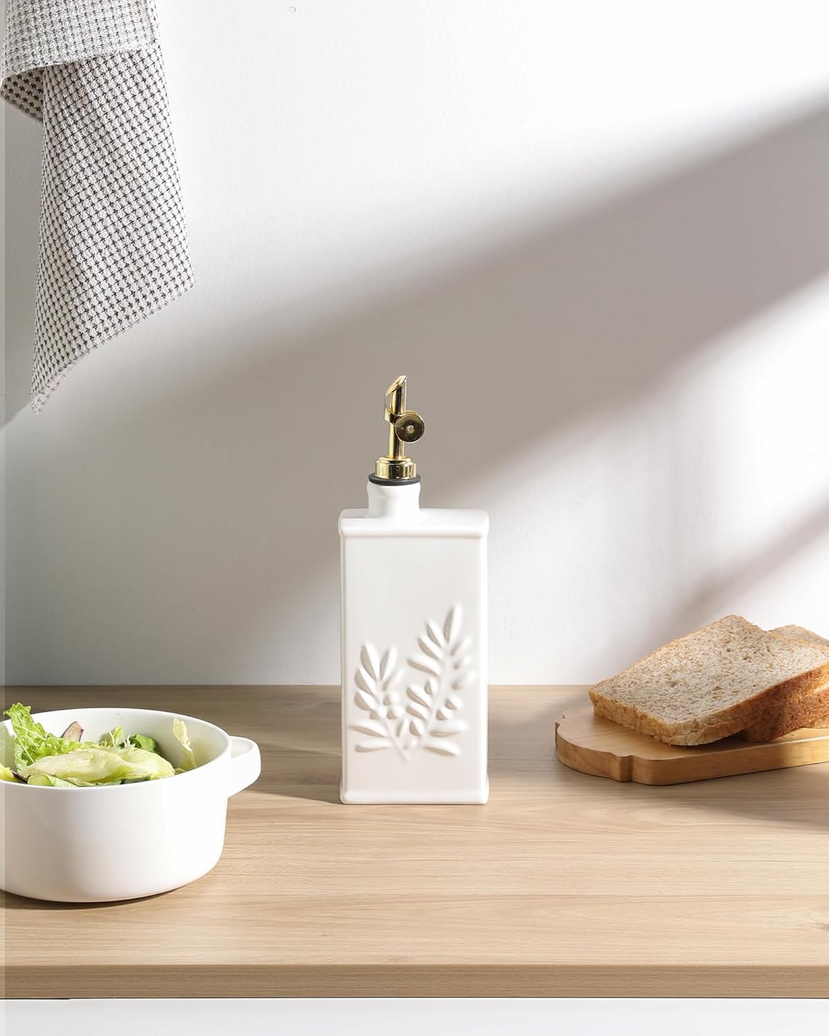 Sweejar Ceramic Olive Oil Dispenser Bottle for Kitchen, 17 Oz Relief Opaque Oil and Vinegar Dispenser Bottle with Spout, Suitable for Soy Sauce, Coffee Syrup, Liquids (White)