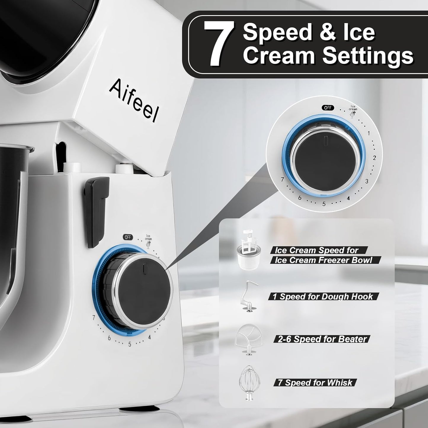 Aifeel Stand Mixer,6.5QT Kitchen Electric Mixer with 2QT Ice Cream Maker Bowl, 6 in 1 Multifunctional Bread Dough Mixer with Dough Hook,Wire Whip & Beater (Black-White)