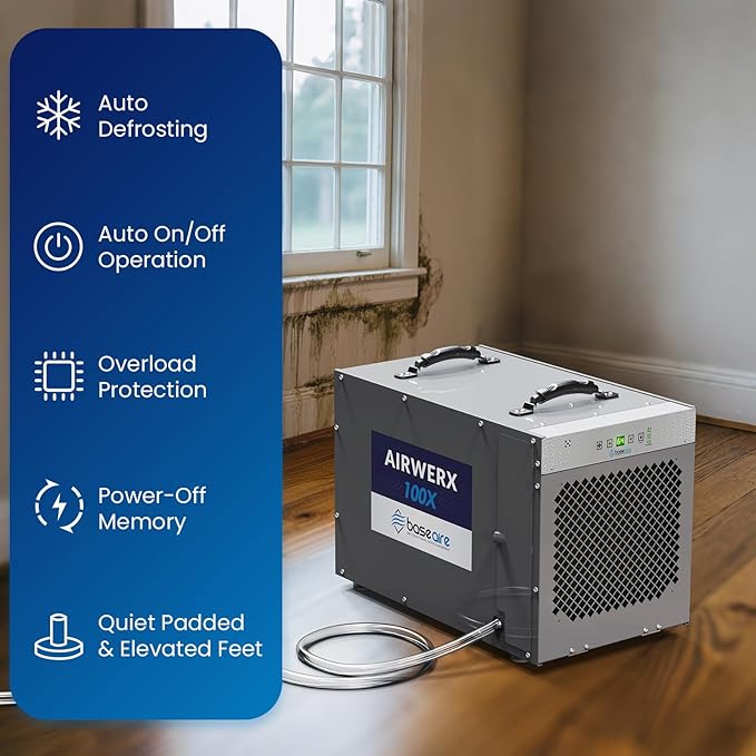 BaseAire 220 Pints Crawlspace Dehumidifiers with Pump and Drain Hose, Commercial Dehumidifier for Home,Garage and Basement, Large Capacity, Compact, Auto Defrost, Intelligent Control, Up to 2900 Sq Ft