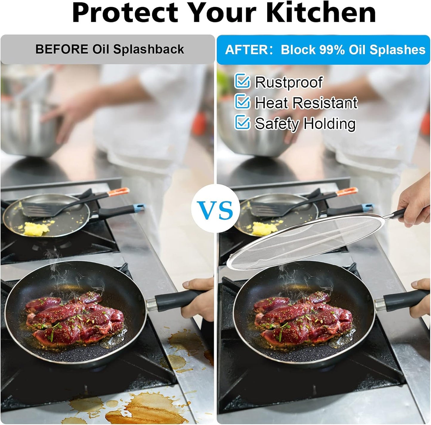 Splatter Screen for Frying Pan - 9.8" 11.4" 13" Stainless Steel Fine Mesh Grease Splatter Guard with Silicone Handle, Hot Oil Splash Guard for Cooking to Prevent Oil Splatter, Safe Cooking