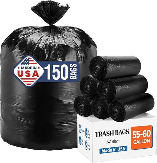 DELXO 55-60 Gallon Trash Bags, 150 Count Heavy Duty Large Black Garbage Bags, Thick Durable and Puncture-Resistant Plastic Bags for Kitchens, Yards & Offices, Made in USA