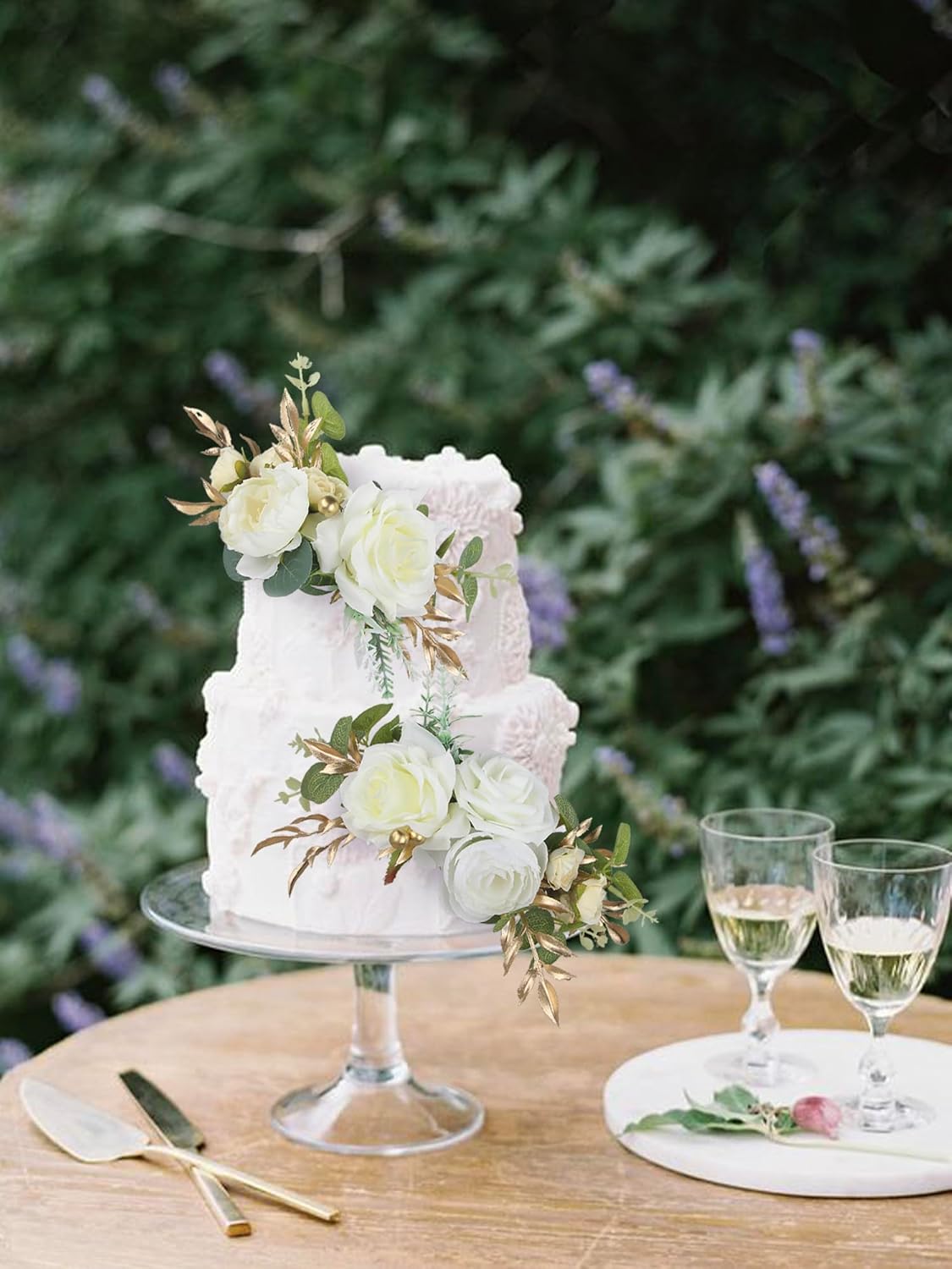 Rinlong 3Pcs Pre-made Cake Toppers Flowers Cake Decorations Wedding Cake Decorating Flowers Decor Christening Birthday Baptism Baby Shower Party Cake Topper Flower Arrangements White Gold