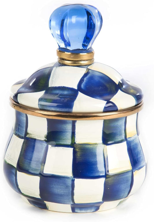 MACKENZIE-CHILDS Enamel Lidded Sugar Bowl, Small Serving Bowl with Lid, 10-Ounce Capacity, Blue-and-White Royal Check