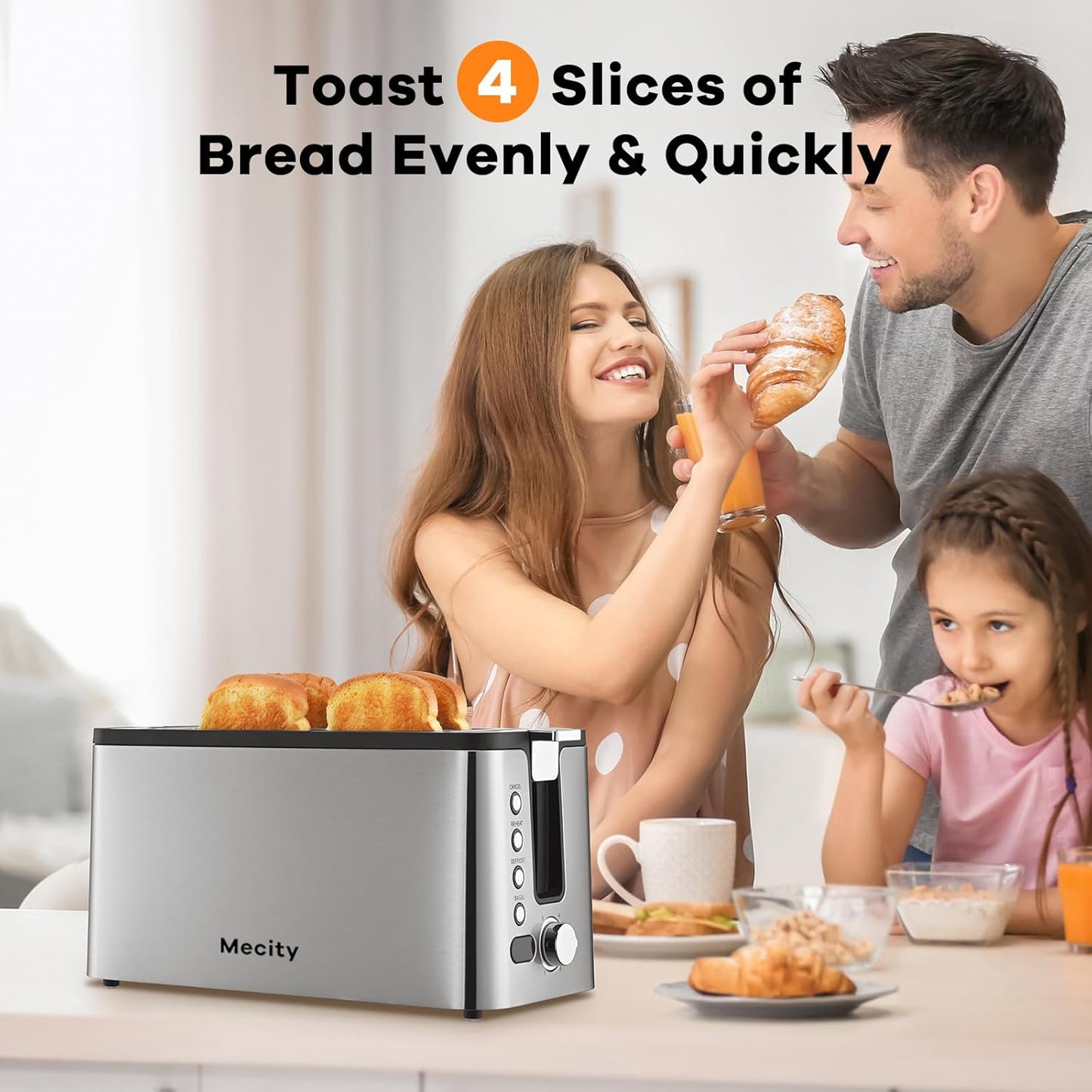 Mecity 4 Slice Toaster, Long Slot Toaster With Countdown Timer, Bagel/Defrost/Reheat/Cancel Functions,Warming Rack, Removable Tray, 6 Browning Settings, Extra Wide Slots, Stainless Steel, 1300W