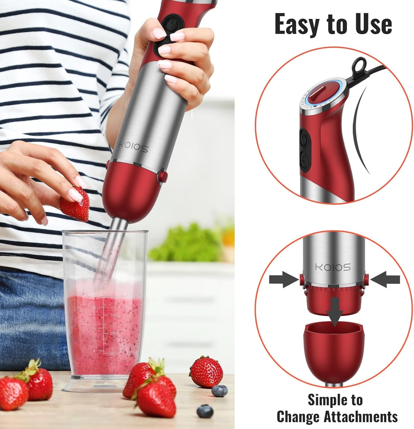 KOIOS 5-in-1 Hand Immersion Blender, 1000W 12 Speed Handheld Blender Stick with Copper Motor Stainless Steel Blade, 600ml Mixing Beaker,500ml Food Processor, Whisk, Milk Frother, Non-BPA, Red