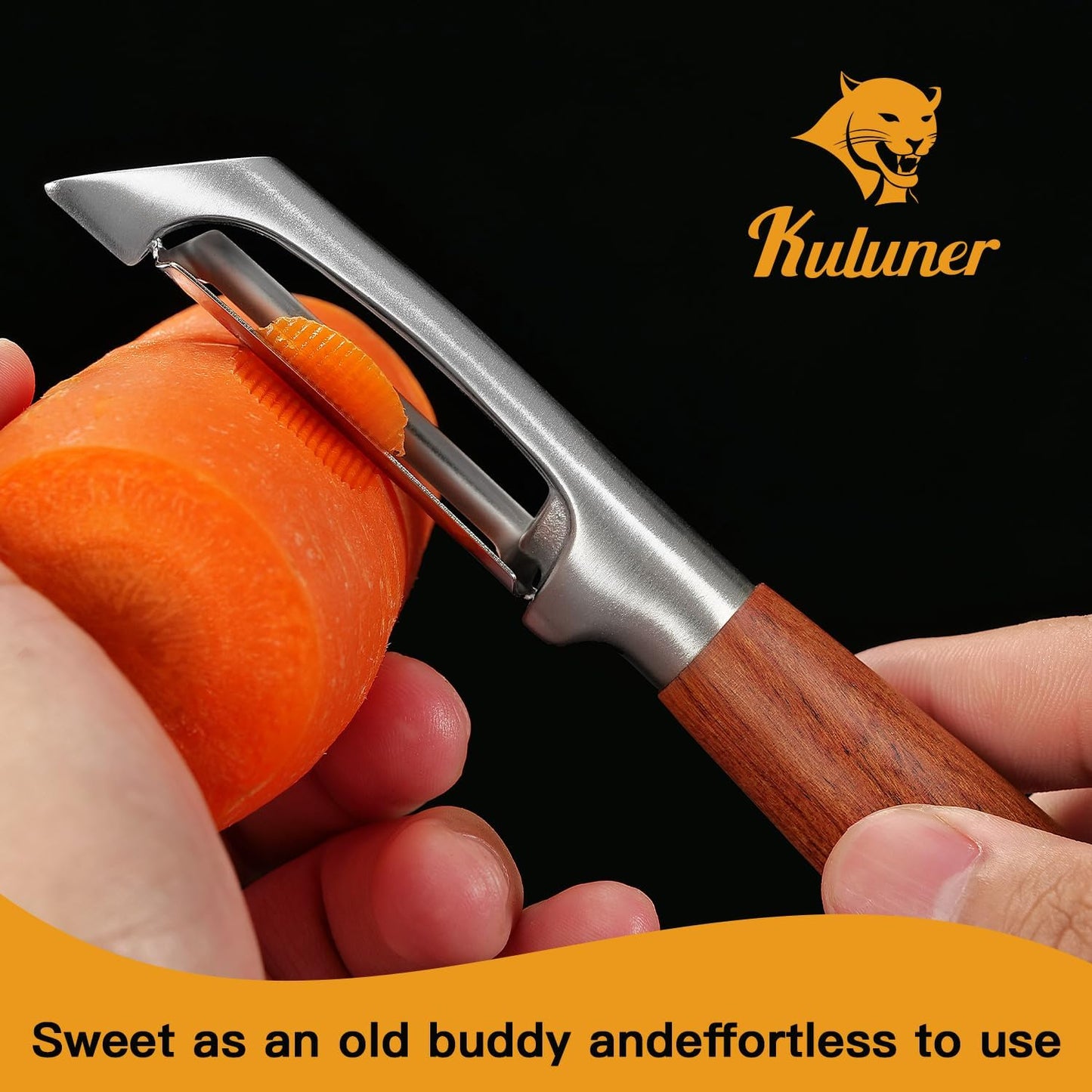 KU LUNER Premium 304 Stainless Steel Multifunctional Kitchen Fruit and Vegetable Peeler with Real Wood Handle，Ultra Sharp Strong Blade