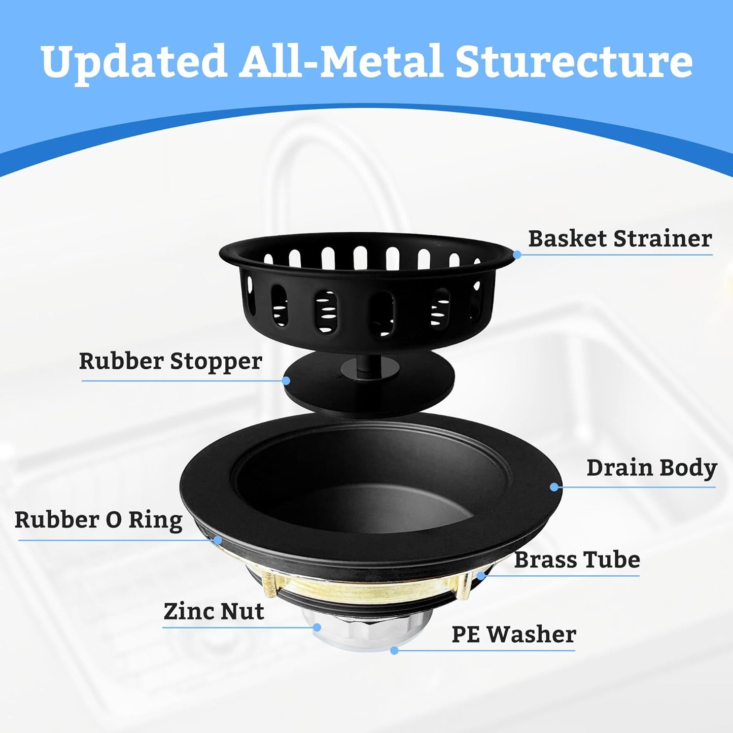 Metal World BS10101MB Post Style Sink Strainer, 3-1/2" Metal Kitchen Strainer, Cast Brass Body Basket Strainer, Strainer with Stainless Steel Basket, Matte Black Finish 1 Pack