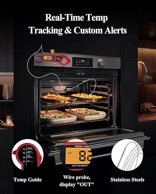 Wisebee 2-in-1 Meat Thermometer, Digital Instant Read Food Kitchen Thermometer with Dual Probes | Waterproof | Alarm Set | Calibration | Backlit | Hold Function for Cooking (Red)