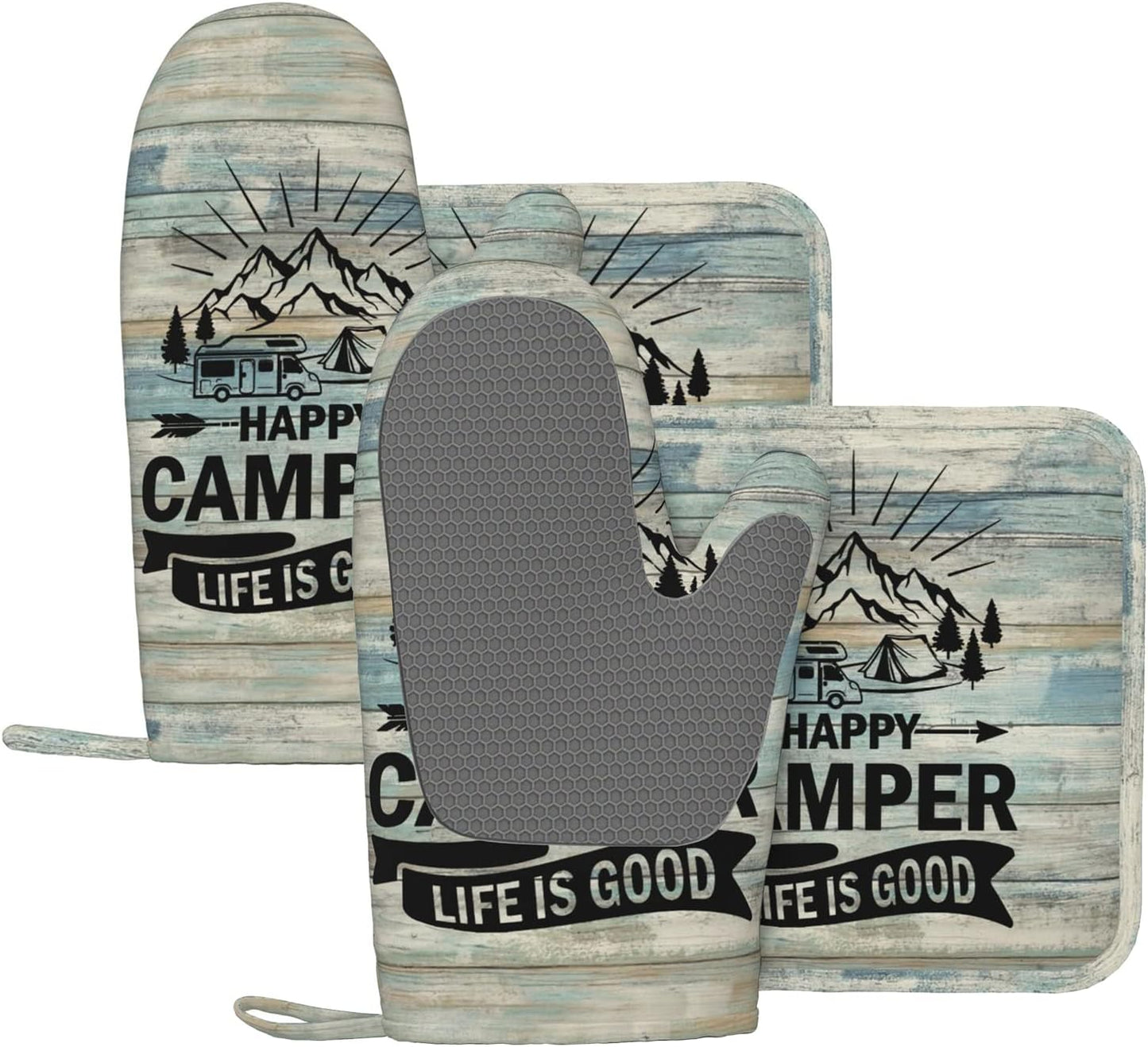 Happy Camper Oven Mitts and Pot Holders Sets of 4,Resistant Hot Pads with Silicone Non-Slip BBQ Gloves for Kitchen,Cooking,Baking,Grilling