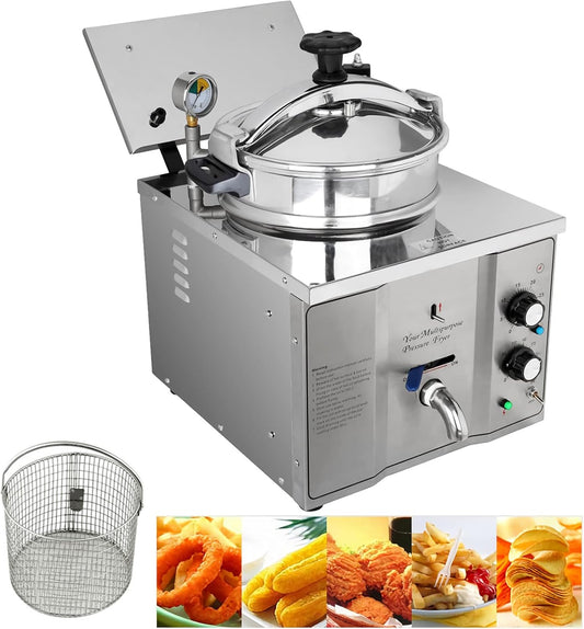 INTSUPERMAI 16L Commercial Electric Pressure Fryer Stainless Steel Countertop Pressure Fryer Electric Fried Chicken Stove Professional Tabletop Restaurant Kitchen Frying Machine 110V 2.4KW