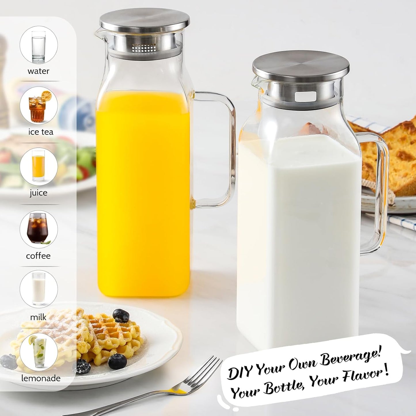 Netany 4 Pack 2 Liters/68 oz Square Glass Pitcher with Lid and Handle for Fridge, Iced Tea and Coffee Carafe Beverage Serveware, Heat Resistant Borosilicate Water Jug for Hot/Cold Drinks and Milk