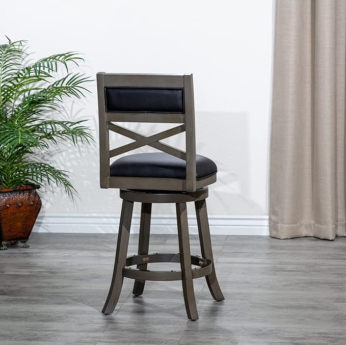 DTY Indoor Living Meeker X Back Fabric Swivel Stool, 30” Bar Height, Weathered Grey Finish, Black Leather Seat