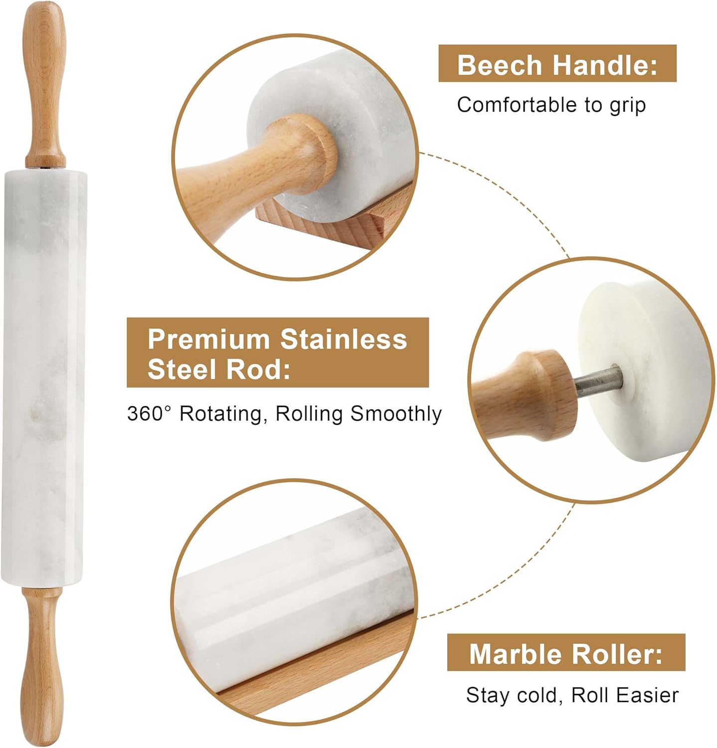 Koville African Natural Marble Rolling Pin, Non-Stick Polished Dough Roller, Pasta, Dumpling, Fondant, Pie Crust, Bread, Pizza Dough, Kitchen Baking Pastry Tools with Mat/Scraper（Namib Fantasy）