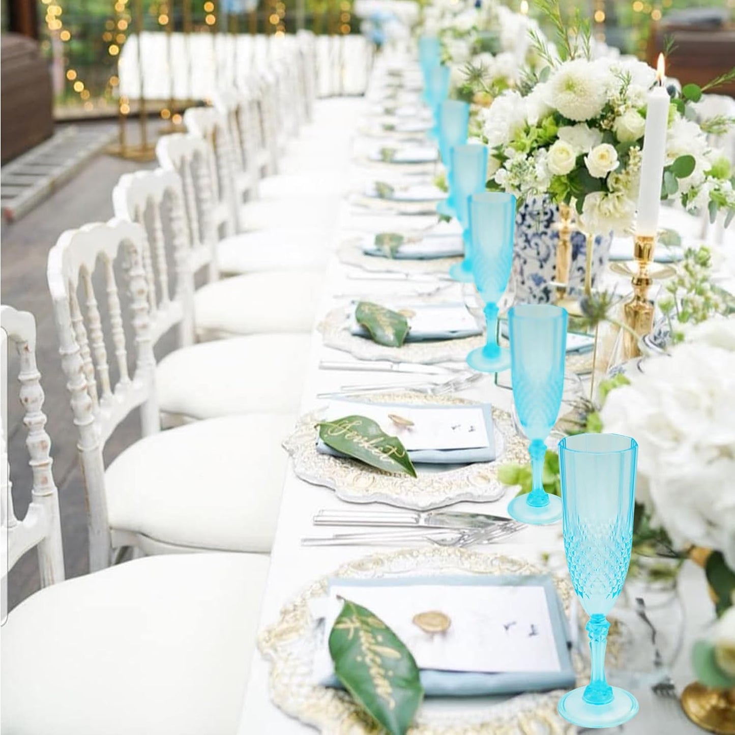 Plastic Champagne Flutes, 24PCS Light Cyan Wine Glasses Goblets Reusable Champagne Flute for Weddings, Bachelor Parties, Toasting, and Events(24,Light Cyan)