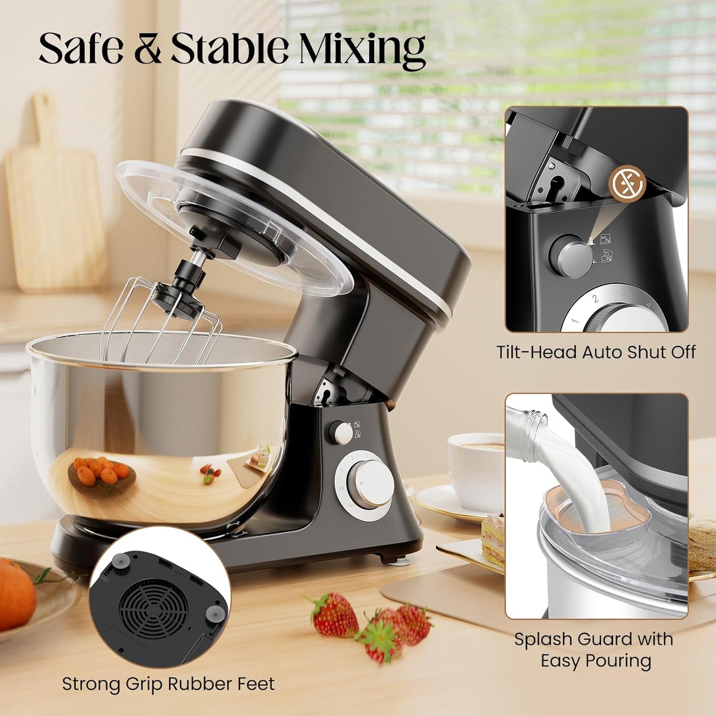 800W Stand Mixer with 5.3QT Bowl, 6-Speed with Pulse Electric Kitchen Mixer, Food Mixer with Dough Hook, Whisk, Beater Tilt-Head & Non-Slip Base for Cookie, Cake, Bread & Baking-Black