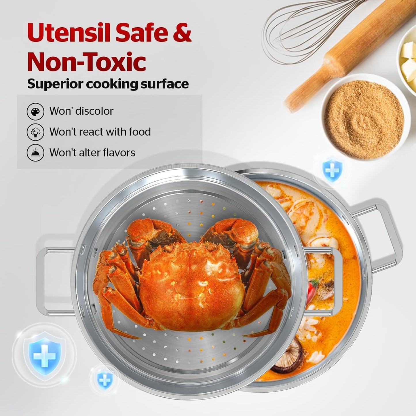 [New Version] Sunhouse 2-Tier Stainless Steel Steamer Pot with Lid - Larger 5.5 QT Steamer & 3.8 QT Stockpot Base - Induction Ready, Compatible with All Cooktops