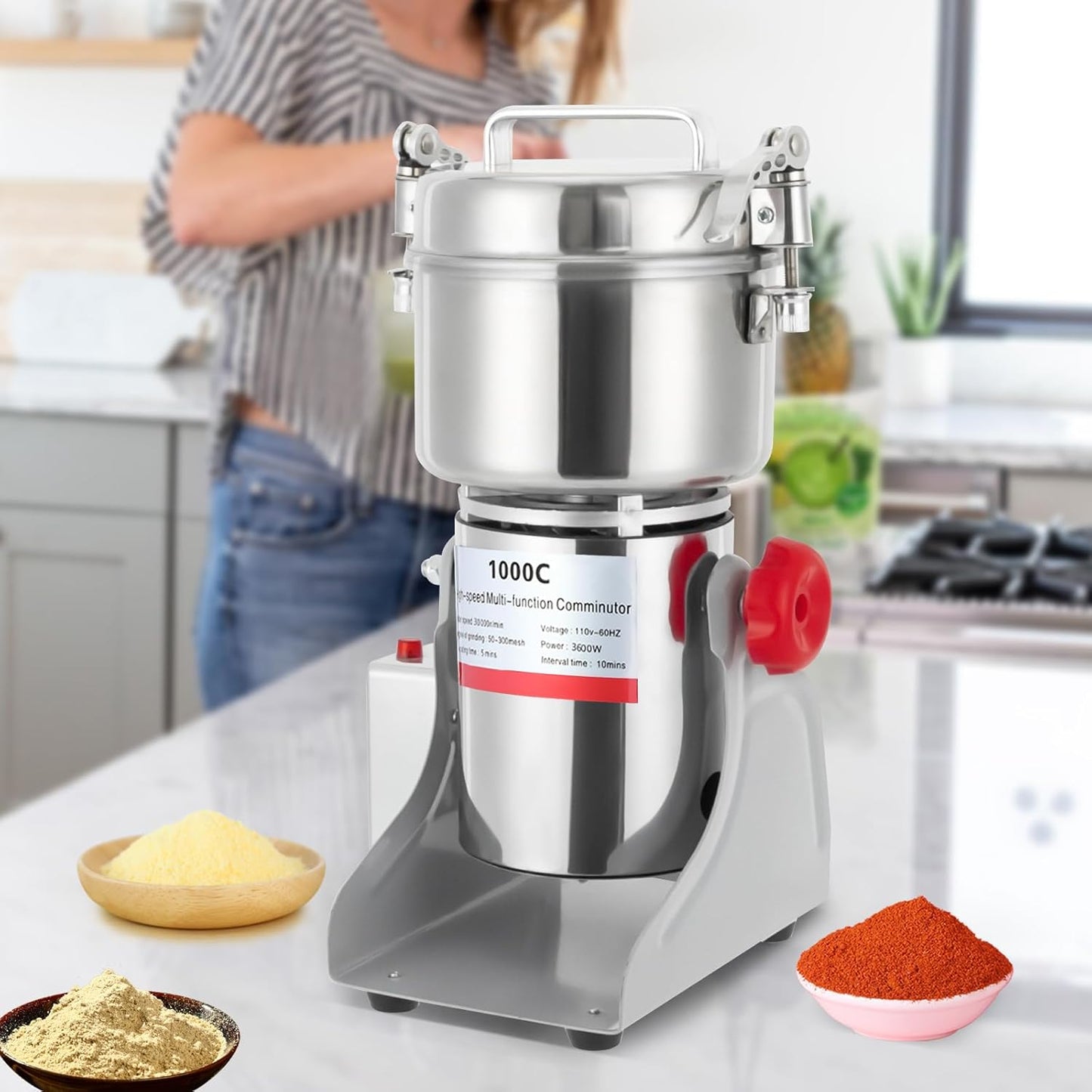 Electric Grain Mill Grinder, 1000g/2.2 lbs High-speed 30000r/min Food Grinder, 110V 3600W Countertop Grain Mill for Dry Spice Herbs Grains Coffee Rice Pepper (1000g)