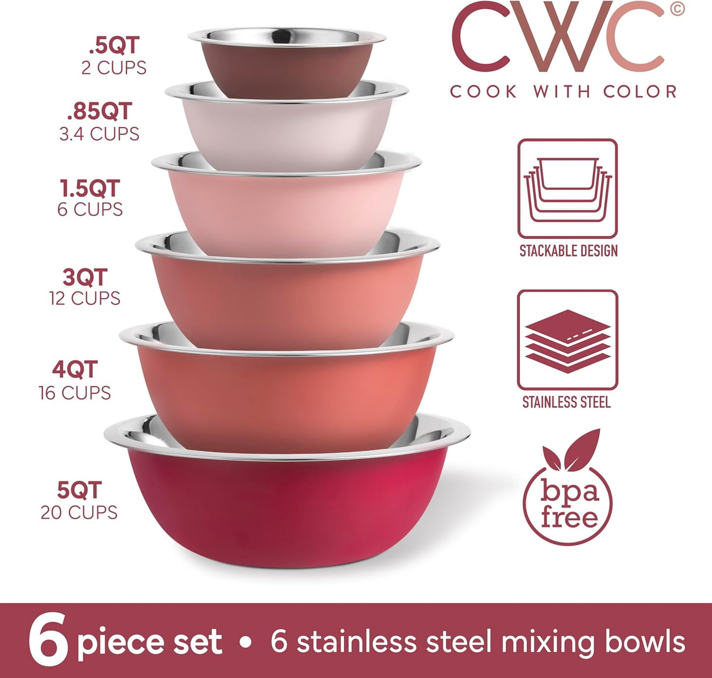 COOK WITH COLOR Stainless Steel Mixing Bowls Set - Nesting Bowls, 6 Pieces, Rose