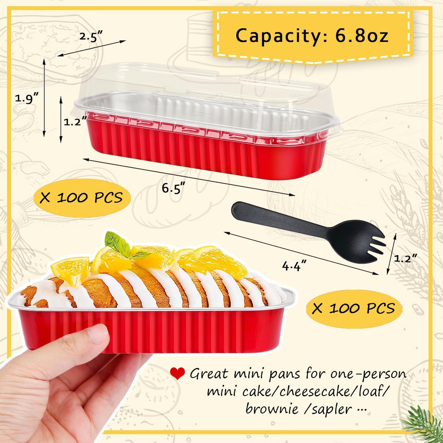 LNYZQUS Disposable Mini Cake Pans with Lids 100 Pack, 6.8oz Rectangle Mini Loaf Pan Baking Cups Muffin Tin,Aluminum Foil Cupcake Baking Tins Containers for Christmas New Year-Red
