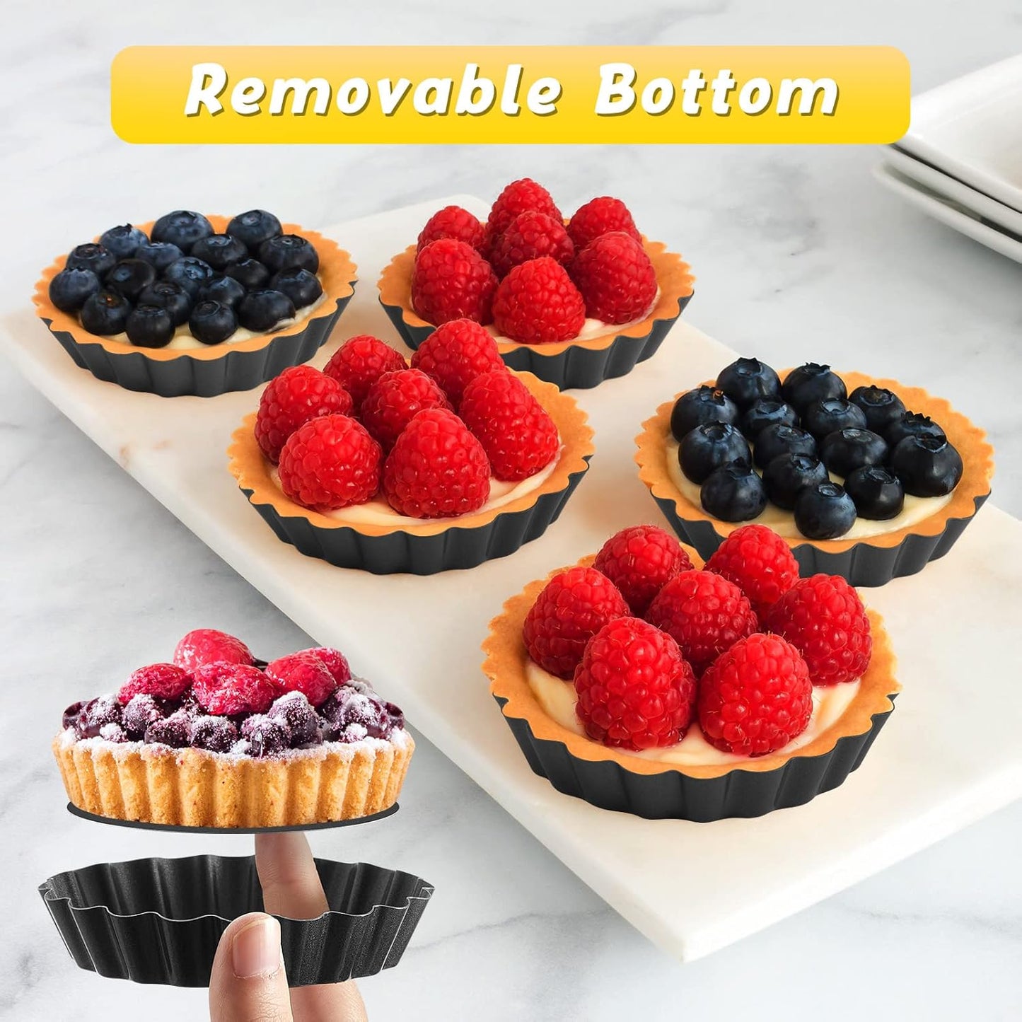 Tessco 16 Pieces Mini Tart Pans with Removable Bottom Nonstick Quiche Mini Pie Tart Pans Bakeware Mold Fluted Side for Pies(Black Round,5 Inch)