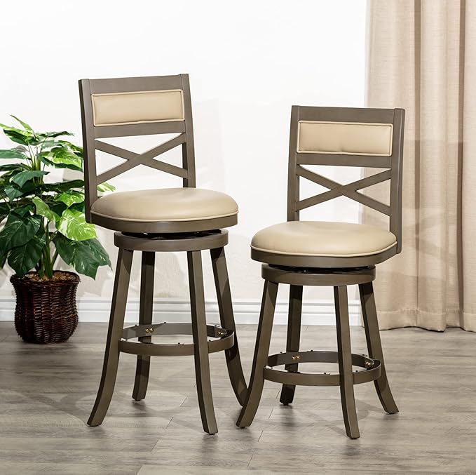 DTY Indoor Living Meeker 24 Inch Counter Height Bar Stools with Backs - Wooden Swivel Counter Stools for Kitchen Island - French Gray Leather Seat, Solid Wood Frame, Weathered Gray Finish