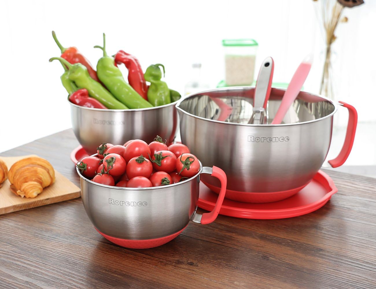 Rorence Mixing Bowls with Lids Set: Stainless Steel Mixing Bowls with Handles, Non-Slip Bottom & Pour Spout - Red, 3 quarts