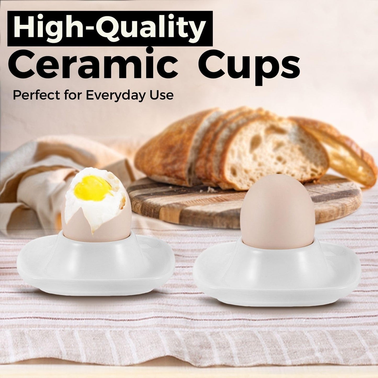 Flexzion Soft Boiled Egg Holder Set - 4-Piece White Ceramic Egg Cup, Stackable Egg Coddler Cups with Base for Serving, Breakfast, Brunch - Kitchen Table Decor, White