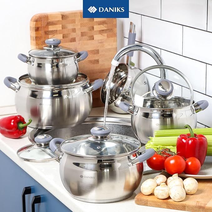 Daniks Modern Stainless Steel Stock Pot with Glass Lid – Induction 4 Quart, Dishwasher Safe, Heatproof Handles, For Soup, Pasta, Stew, Silver