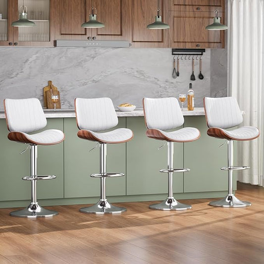 Swivel Bar Stools Set of 4, Adjustable Bentwood Barstools for Kitchen Counter, Modern PU Leather Upholstered Bar Chair with Back and Footrest, for Kitchen Island, Bar, Dining Room, White